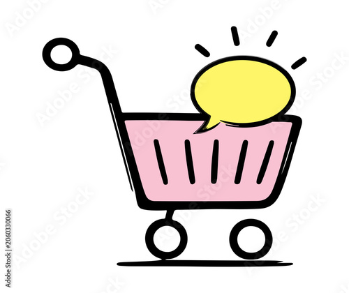 Hand drawn shopping cart with speech bubble for online store ecommerce sale promotion and marketing vector illustration