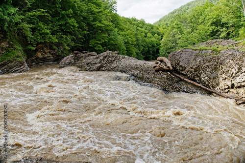 Fluvial erosion and mechanical weathering shaping ancient limestone rock formations during flash flood
