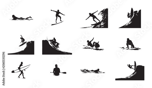 Bild auf Leinwand Surfer silhouettes performing various maneuvers on ocean waves and walking with boards
