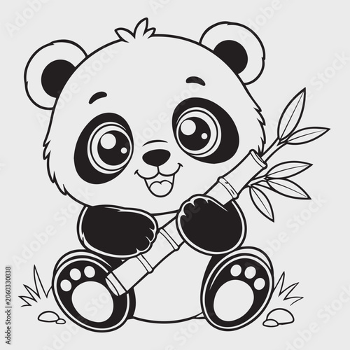 Cute Baby Panda Holding Bamboo, Kawaii Cartoon Animal Coloring Page for Kids Vector Illustration
