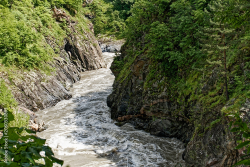 Obraz na plátně Antecedent Valley and Fluvial Erosion in Granite Gorge with Rushing Mountain Riv