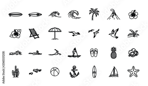 Photography Doodle style beach vacation icons with surfing gear tropical plants and seaside objects