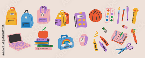 Back to school clipart set with backpacks, books, lunch box, laptop, rulers, scissors, notebooks, and colorful school essentials in warm modern colors, versatile collection for classroom resources