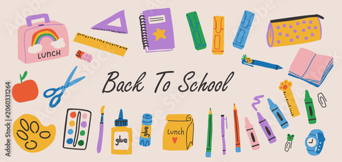 Back to School horizontal banner with colorful school supplies, art materials, lunch box, rulers, pencil case, scissors, glue, paints, pens, and classroom essentials surrounding a central text area