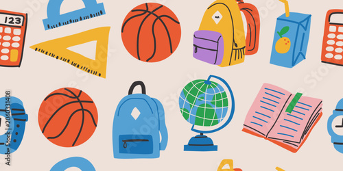 Seamless back to school pattern with backpack, basketball, calculator, ruler, books, juice box, clock, and educational supplies in neutral colors on a light background, playful unisex repeat design
