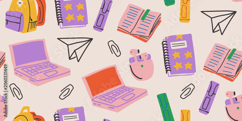 Seamless girl student pattern with laptop, headphones, books, backpack, notebooks, markers, and cute study accessories in soft pink and pastel colors on a light background, playful back to school