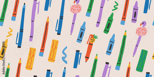 Seamless back to school stationery pattern with colorful pencils, pens, markers, crayons, and cute novelty school supplies featuring flamingo and pineapple designs on a light background
