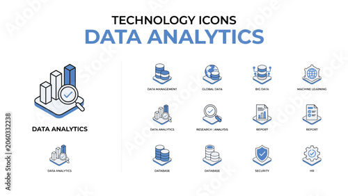 Data analytics isometric icons and charts with magnifying glass and graphs on white background