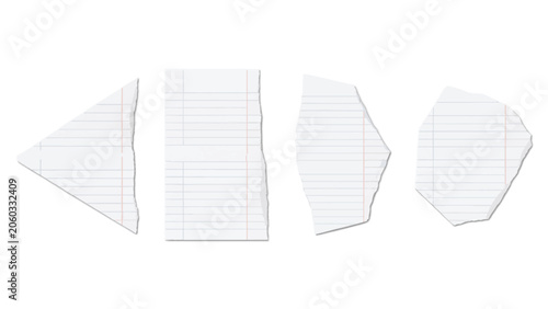 Four Torn Pieces of Lined Paper with Red and Blue Vertical Stripes Keywords: paper, torn, ripped, fragment, piece, sheet, lined paper, notebook paper, stationery