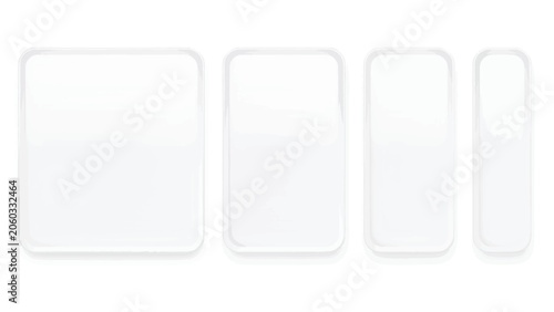 Four White Rounded Rectangular Shapes of Varying Sizes Keywords: shape, form, design, element, button, UI, user interface, graphic, digital, abstract, rectangle