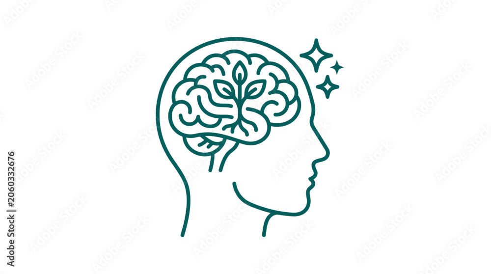 Obraz premium Green brain growing like tree inside profile silhouette, creativity concept