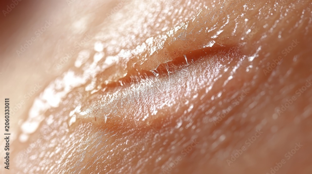 Fototapeta premium Close-up macro view of a healing scratch wound on human skin showing a fresh scab and warm lighting