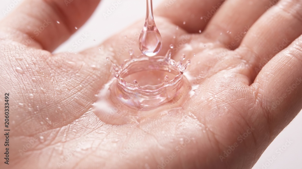 Fototapeta premium Rose-tinted liquid drop splashing on wet palm