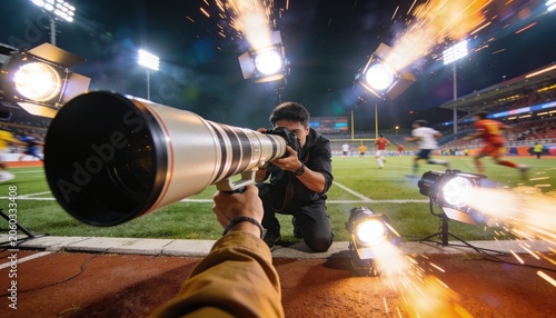 Sports Photographer Captures Game: A sports photographer with a massive telephoto lens captures the action of a football game under bright stadium lights.