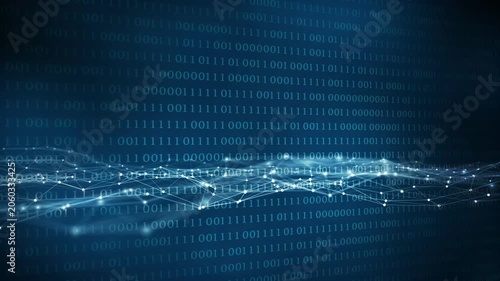 digital grid wave from nodes and lines in front of a binary code background, motion graphics background for blockchain technology, ai, data network