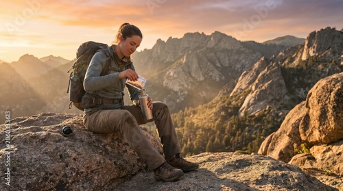 Hiker pouring supplement sachet into water bottle at sunset