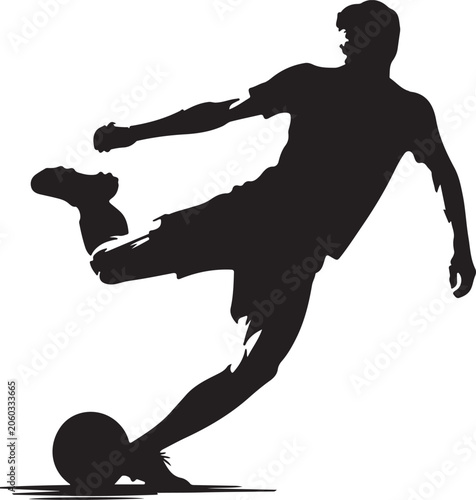 Silhouette of a male soccer player kicking ball during a game with dynamic motion against a white background