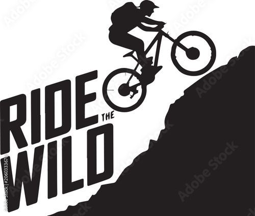 Silhouette of a mountain biker descending a steep rocky slope with 'Ride the Wild' text