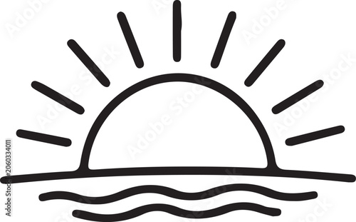 Simple sunrise over waves during dawn with radiating lines in minimalist line art style