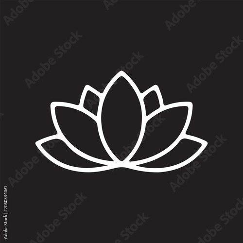Single white lotus flower outline against a dark background symbolizing peace and tranquility