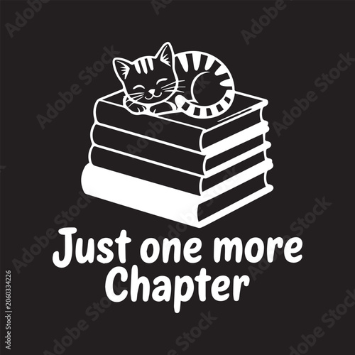 Sleeping kitten resting on a stack of books with text 'Just one more Chapter' in white