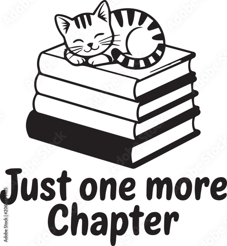Sleeping cat curled against a stack of books with text 'Just one more Chapter' in a whimsical style