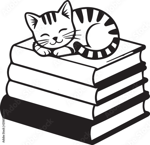 Sleeping tabby cat curled against a row of books in a simple graphic illustration style