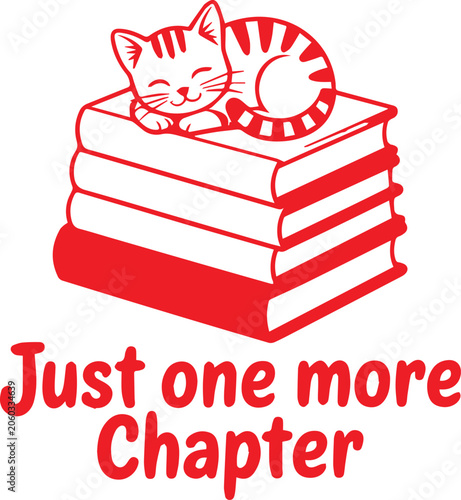 Sleeping tabby cat curled on red striped books with 'Just one more chapter' text