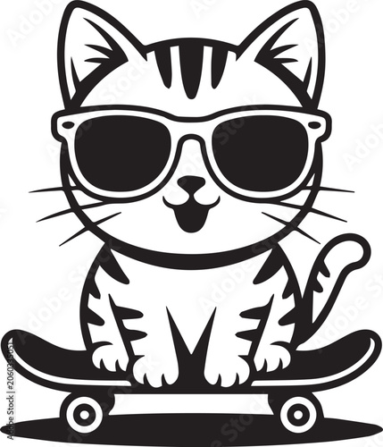 Tabby kitten wearing sunglasses riding a skateboard with a playful expression in a simple graphic style