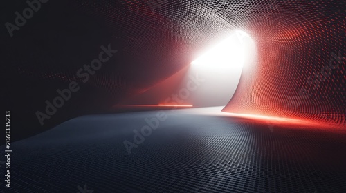 Illuminated abstract tunnel with futuristic digital patterns and red light accents, representing technological advancement and journey
