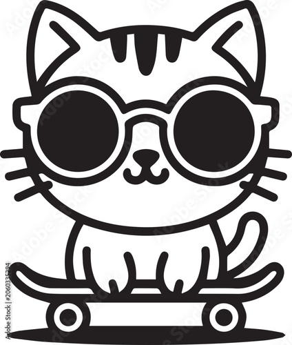 Whimsical cat wearing sunglasses holding a skateboard in a minimalist line art style