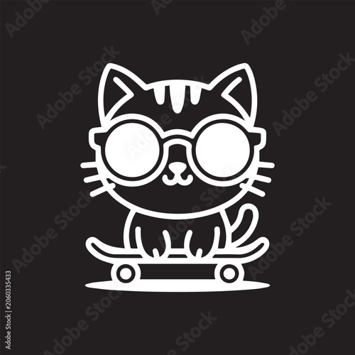 Whimsical tabby cat wearing round glasses rides a skateboard against a stark black background with playful stripes