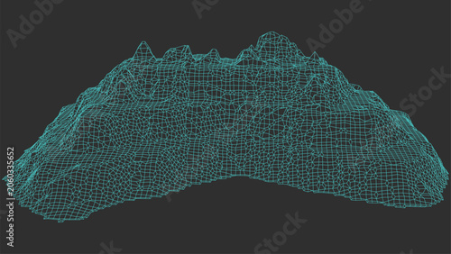 3d wireframe terrain model of a mountain landscape, digital topographic map representation with green grid lines on a dark background