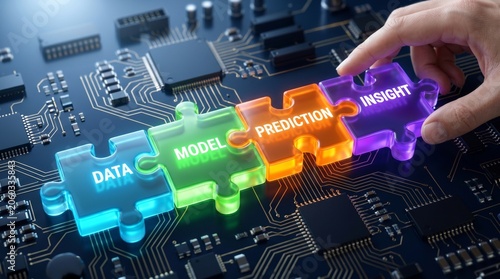 Hand connects 'Insight' puzzle piece, completing the data science journey from raw information to intelligent predictions and valuable understanding.
