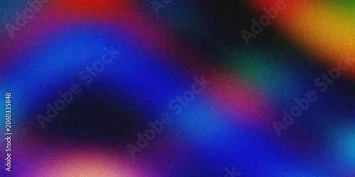 Abstract gradient with grainy texture, blue, red, yellow, green, purple, dark, blurred colors