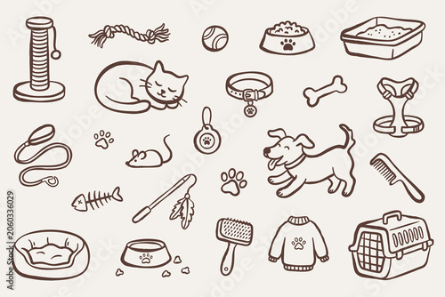Minimal whimsical hand drawn doodle set with cat and dog elements, pet accessories and playful icons. Naive line art vector isolated on background, modern cozy pet lifestyle illustration.