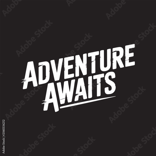 White text Adventure Awaits with brush stroke overlay on black background for travel and exploration concepts
