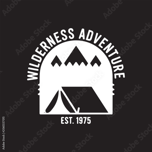 Wilderness adventure logo with mountains and tent est. 1975 emblem for outdoor exploration