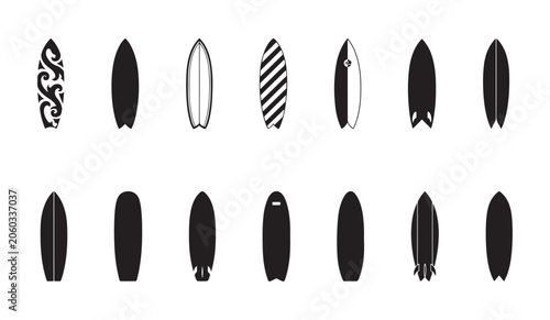 Fotografi Collection of surfboards in various shapes and styles isolated on white background