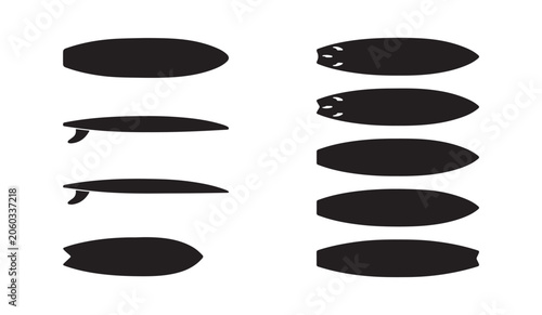 Fotografie Surfboard top view and side view set with different shapes and fin configurations
