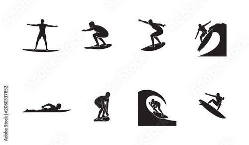 Fotografie Surfer silhouettes engaged in water sports activity on waves and ocean summer lifestyle