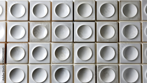 White square ceramic tiles forming a repetitive geometric pattern with circular concave indentations, creating a modern, minimalist, and textured architectural background
