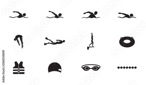 Konstfotografi Swimming and diving gear icons for professional water sports activities and pool summer
