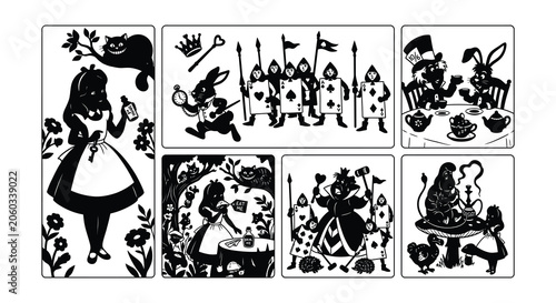 Alice In Wonderland Character Silhouettes Black Vector Illustration On White Background