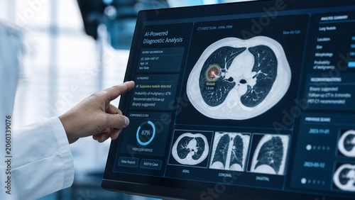 Medical professional using advanced AIpowered diagnostic analysis on a computer monitor displaying lung CT scans for disease detection
