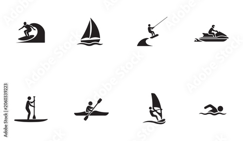 Fotografía Extreme water sports and aquatic recreation activities silhouettes for coastal tourism art