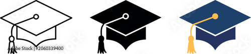 Foto Three professional graduation cap icons in line, solid and color styles representing academic success and pride with clean light