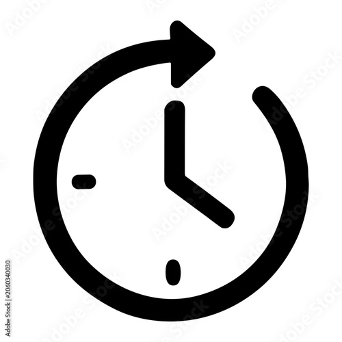 Black clock icon with hour and minute hands surrounded by a clockwise circular arrow, representing time, refresh, history, reset, recurring schedules, backups and updates.
