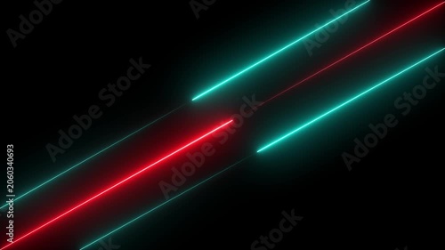 Abstract red and cyan neon lines moving up seamless background with fluorescent ultraviolet glowing strokes.