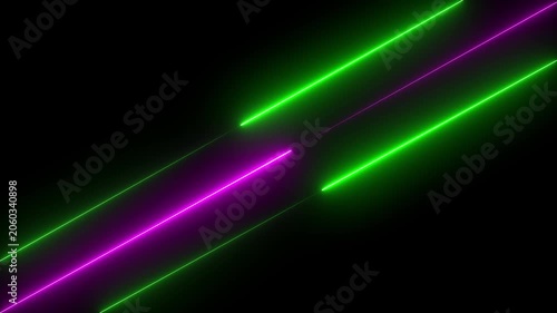 Abstract green and pink neon lines moving up seamless background with fluorescent ultraviolet glowing strokes.